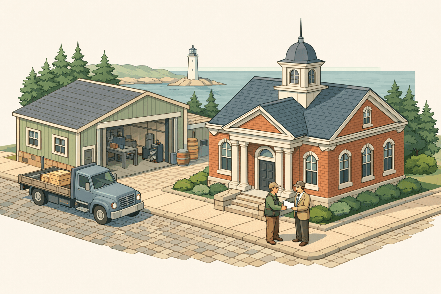 Isometric Maine coastal town scene with a brick bank building, a commercial workshop with equipment inside, and small business owners on a cobblestone street.