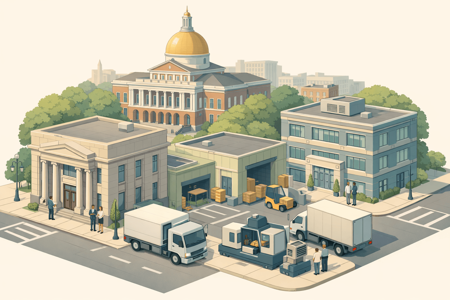 Isometric Massachusetts city block with a bank building, manufacturing workshop, forklift, and small business figures representing equipment financing.
