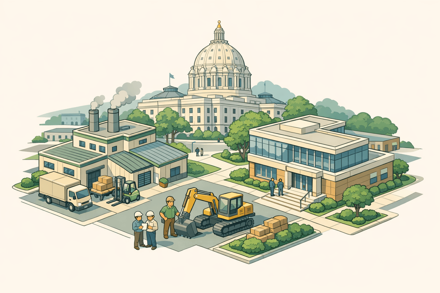 Isometric illustration of a Minnesota commercial district with a manufacturing facility, bank building, and small business owner near commercial equipment.