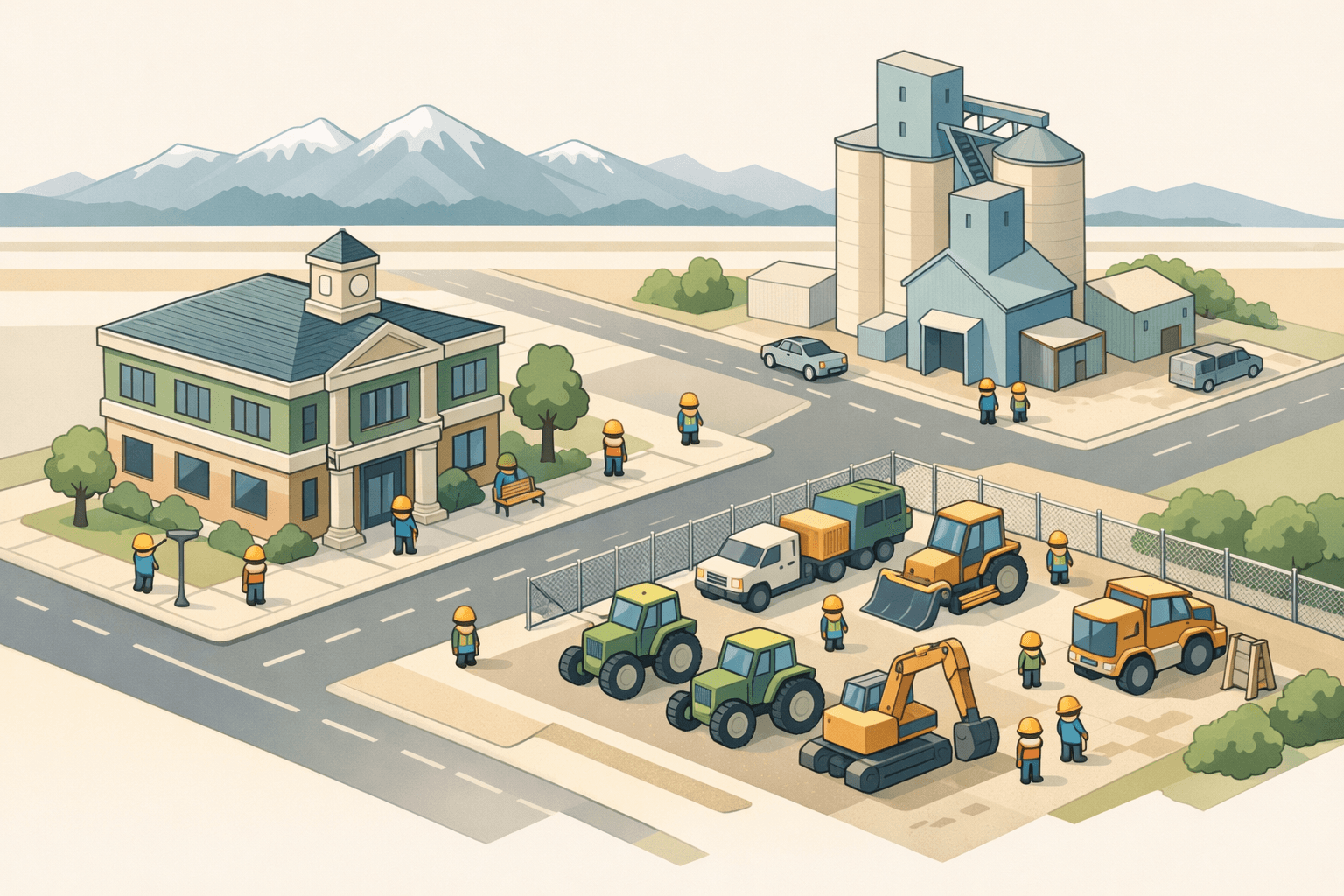 Isometric view of a Montana small business district with a community bank, grain elevator, and equipment yard surrounded by mountains.