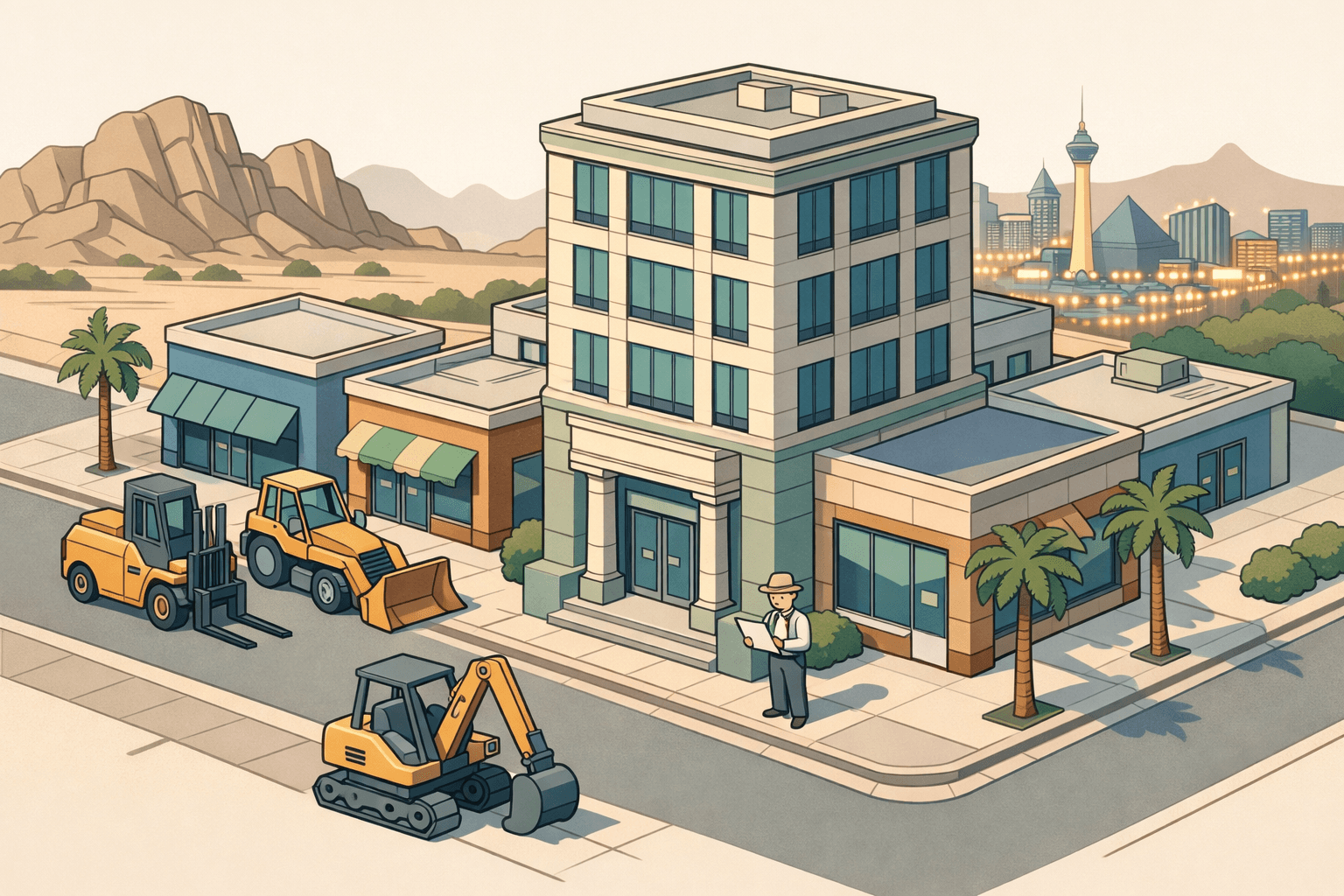 Isometric view of a Nevada commercial street with a bank building, small business storefronts, and industrial equipment parked outside near a desert cityscape.