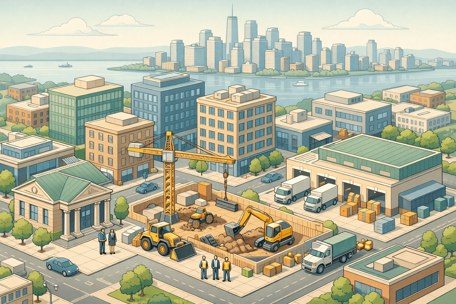 Isometric illustration of a New Jersey business district with commercial buildings, construction equipment, a bank branch, and small figures of business owners and contractors.