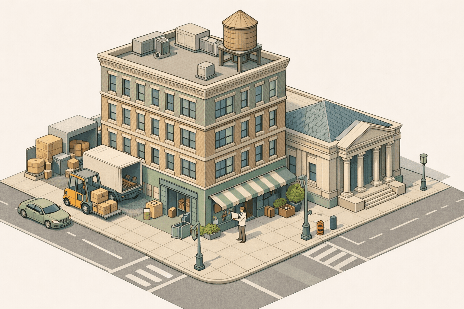 Isometric New York city block with a small business storefront, equipment delivery at a loading dock, and a nearby bank building.