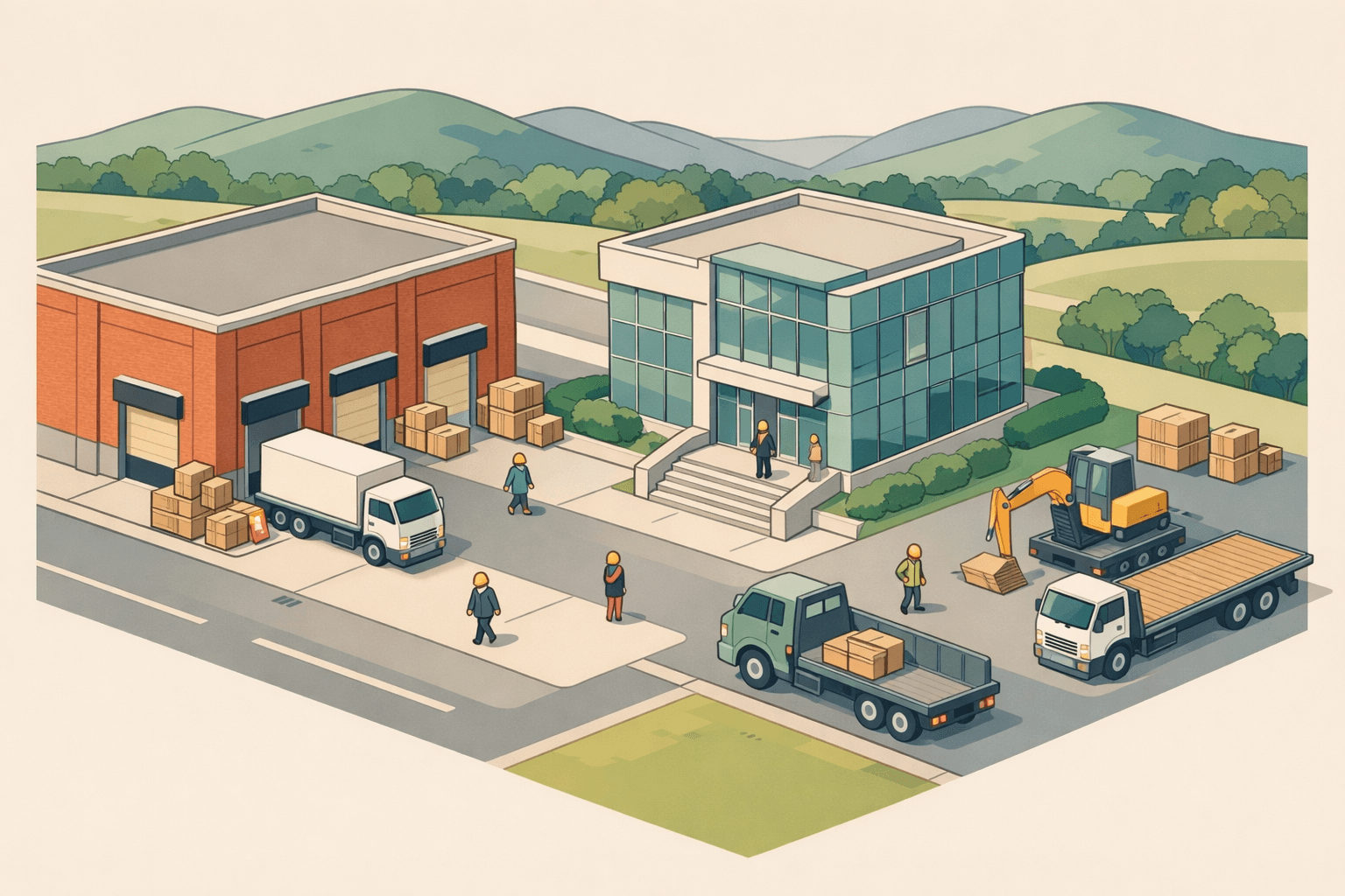 Isometric illustration of a North Carolina commercial district with a brick warehouse, bank building, and construction equipment yard with small business figures.