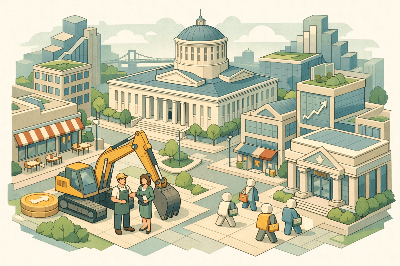 Isometric Ohio cityscape with a statehouse dome, commercial buildings, and small business figures near a bank and construction equipment.