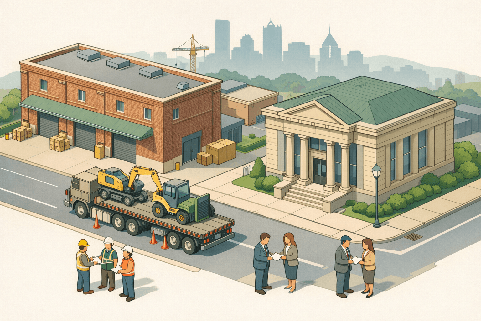 Isometric illustration of a Pennsylvania commercial street with a warehouse, bank branch, and heavy equipment truck representing small business equipment financing.