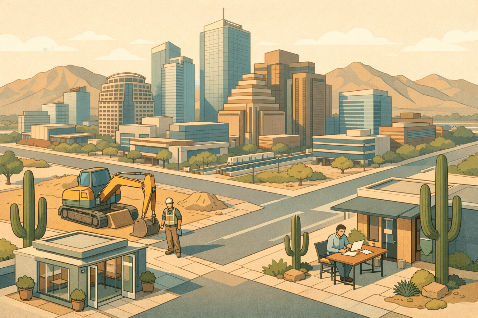 Isometric Phoenix cityscape with a commercial bank, a contractor beside heavy equipment, and a small business owner reviewing financing documents on a desert street.