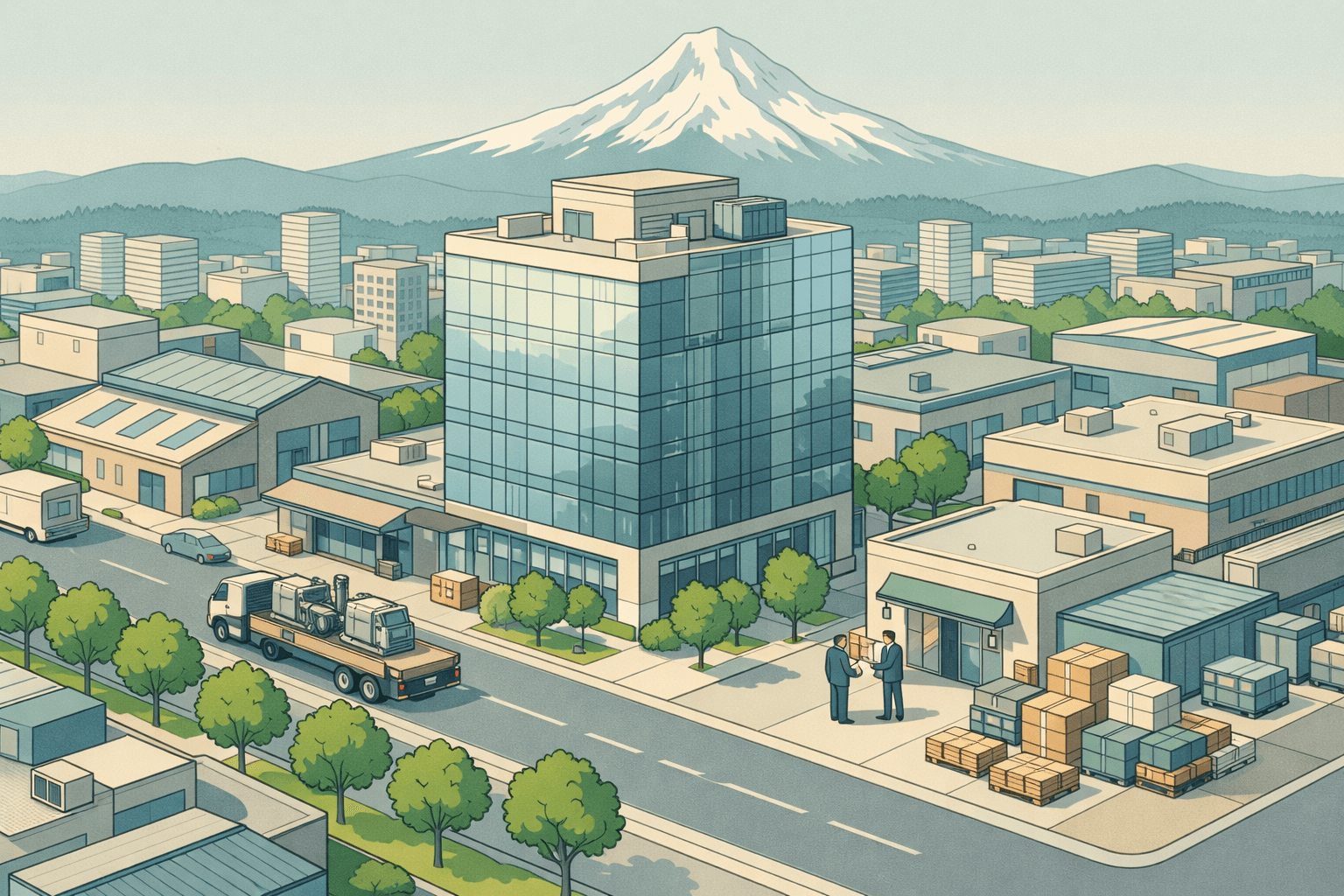 Isometric view of a Portland commercial district with a bank building, industrial warehouses, and a truck delivering business equipment on a tree-lined street.