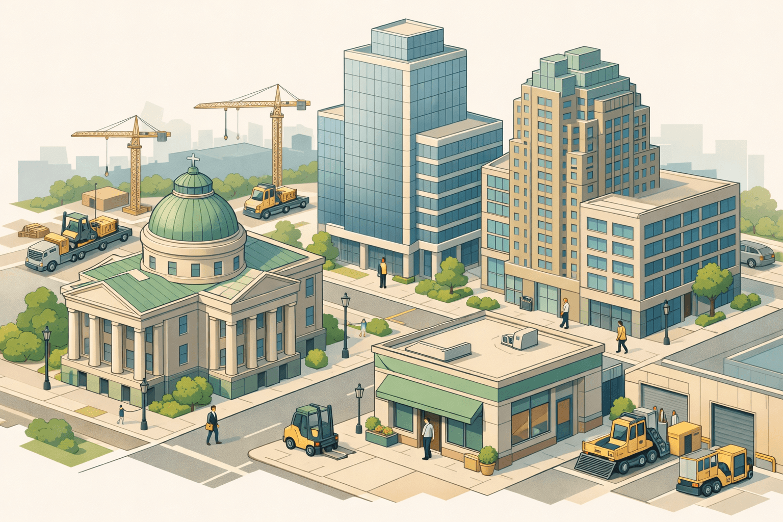 Isometric scene of a Raleigh business district with office buildings, construction equipment, trucks, and small figures representing local business activity.