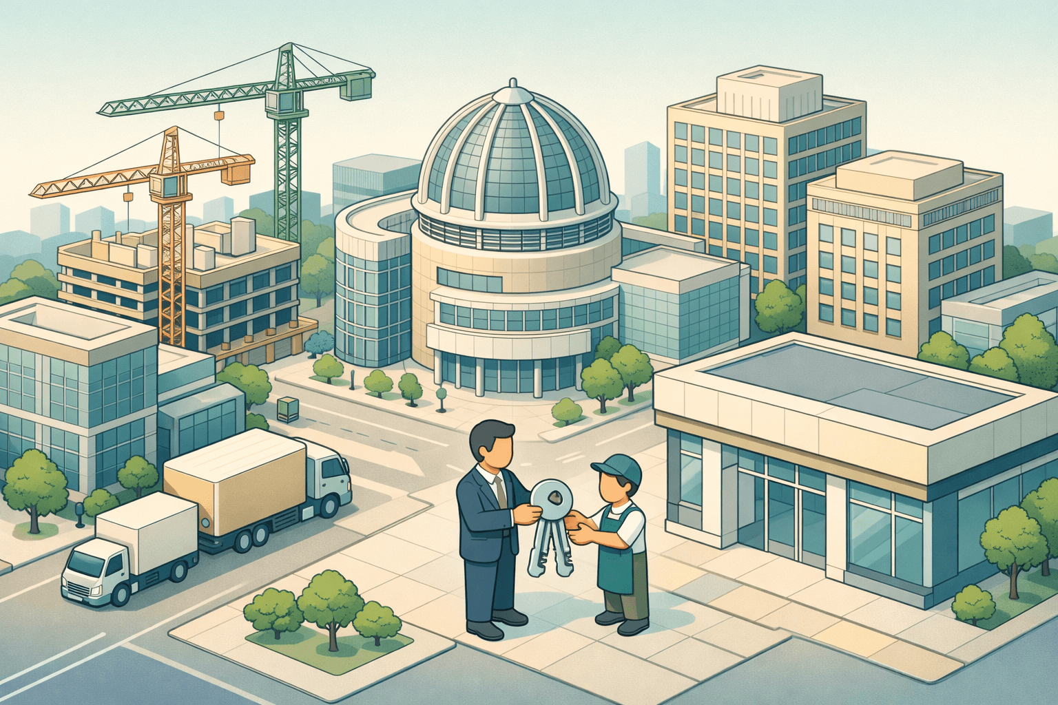 Isometric scene of San Jose commercial buildings with a small business owner receiving equipment financing from a lender outside a modern bank branch.