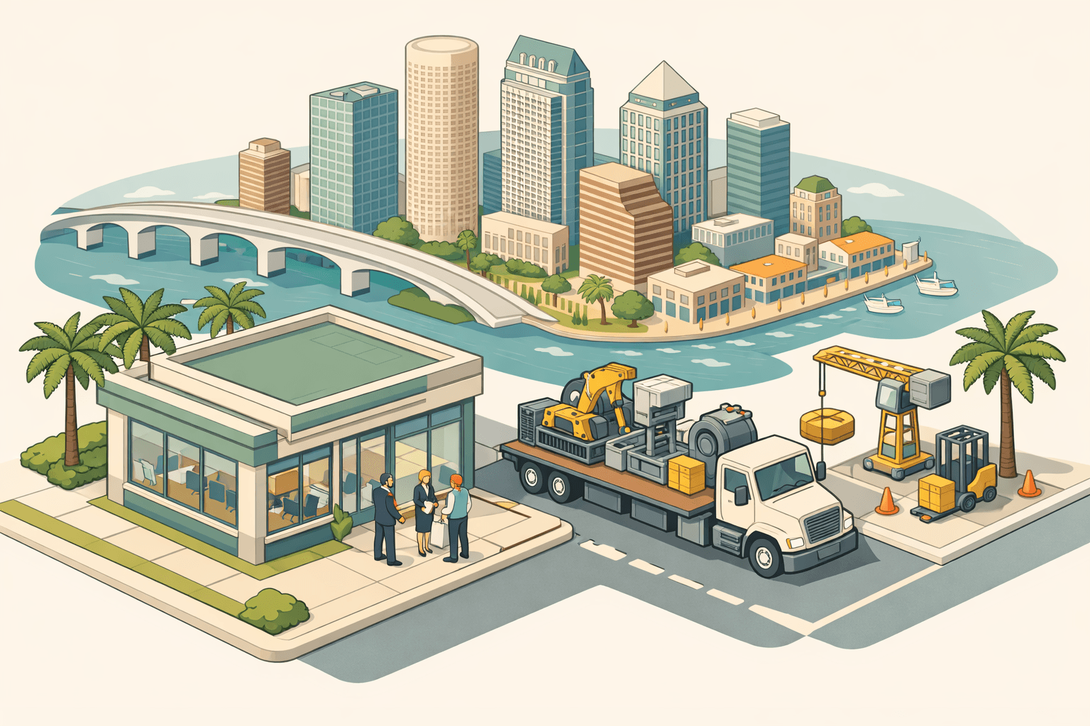 Isometric scene of a Tampa business district with equipment financing office, a flatbed truck with machinery, a forklift, and small business figures near a waterfront skyline.