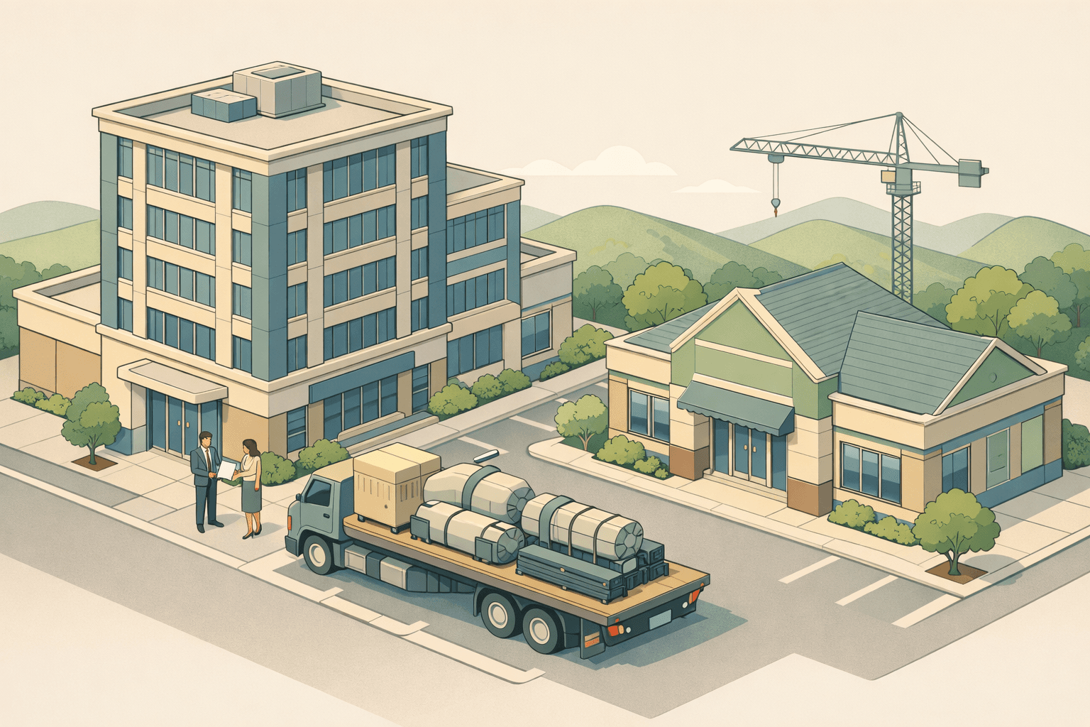Isometric scene of a Tennessee business district with a bank, a credit union, and a flatbed truck carrying industrial equipment outside.
