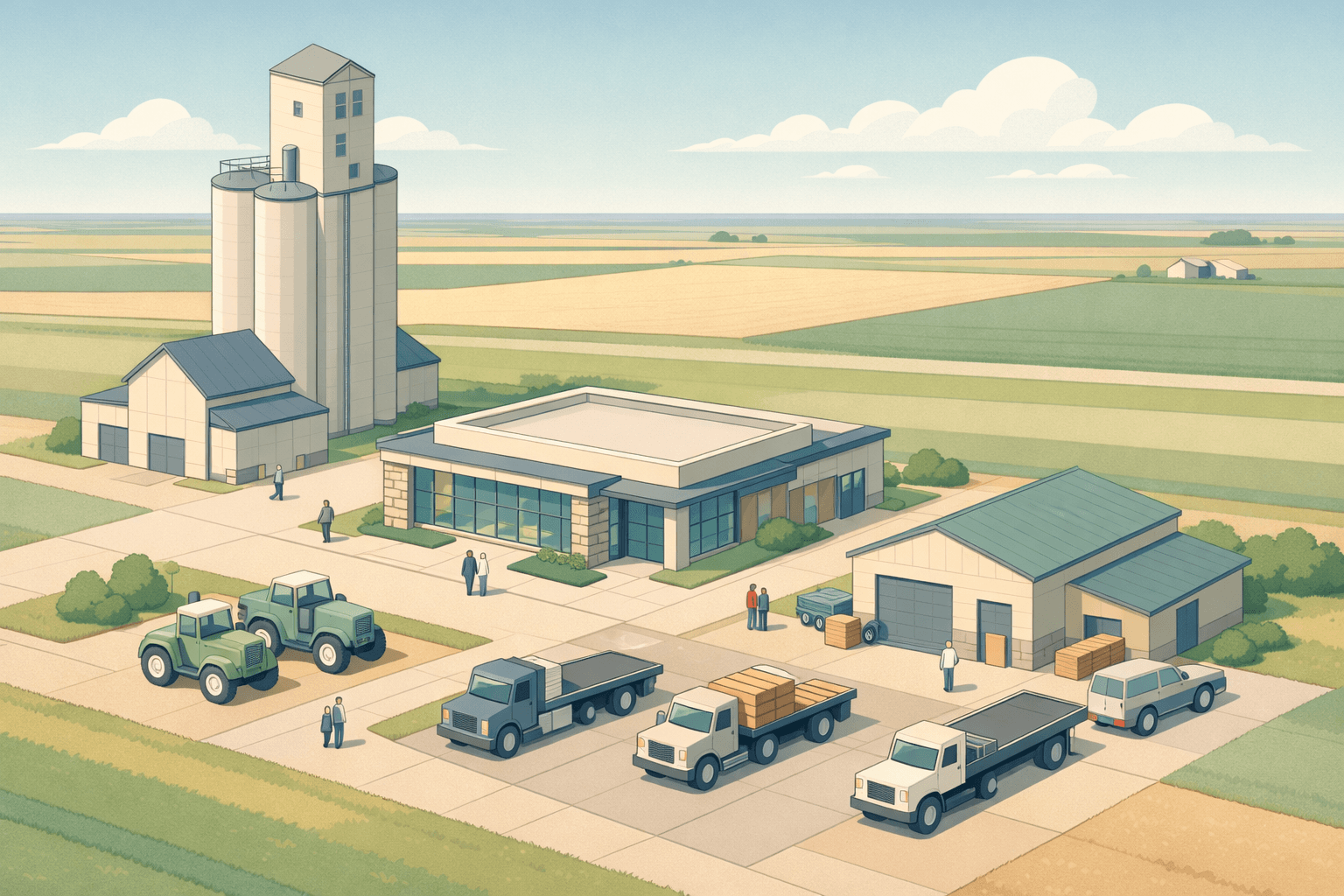 Isometric view of a Great Plains town with a grain elevator, regional bank building, and equipment yard with tractors and commercial trucks.