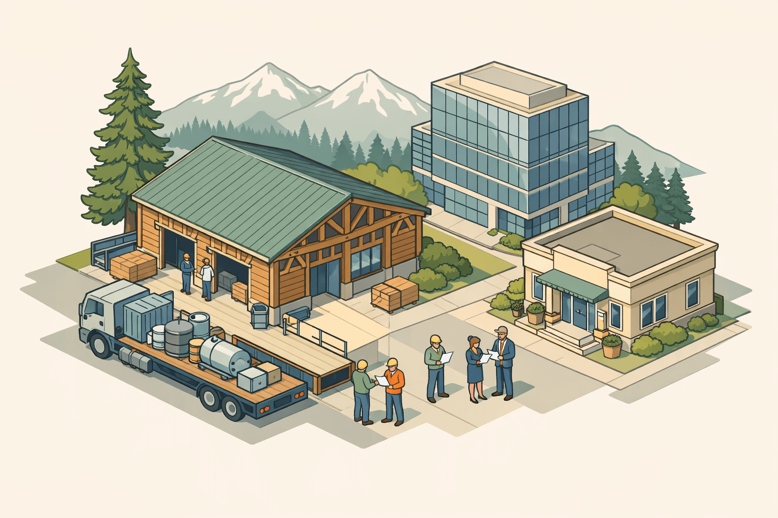 Isometric Pacific Northwest business district scene with a warehouse, office building, community bank, and equipment truck alongside small figures in hard hats.