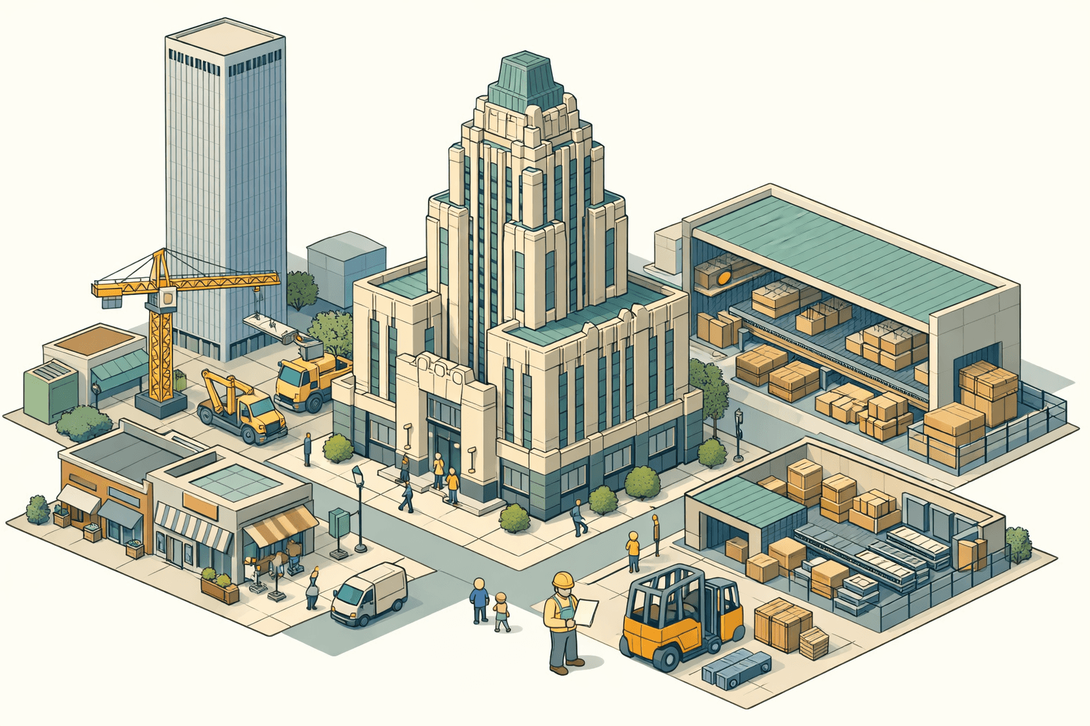 Isometric Tulsa cityscape with a bank building, heavy construction equipment, a warehouse, and small business storefronts representing equipment financing.
