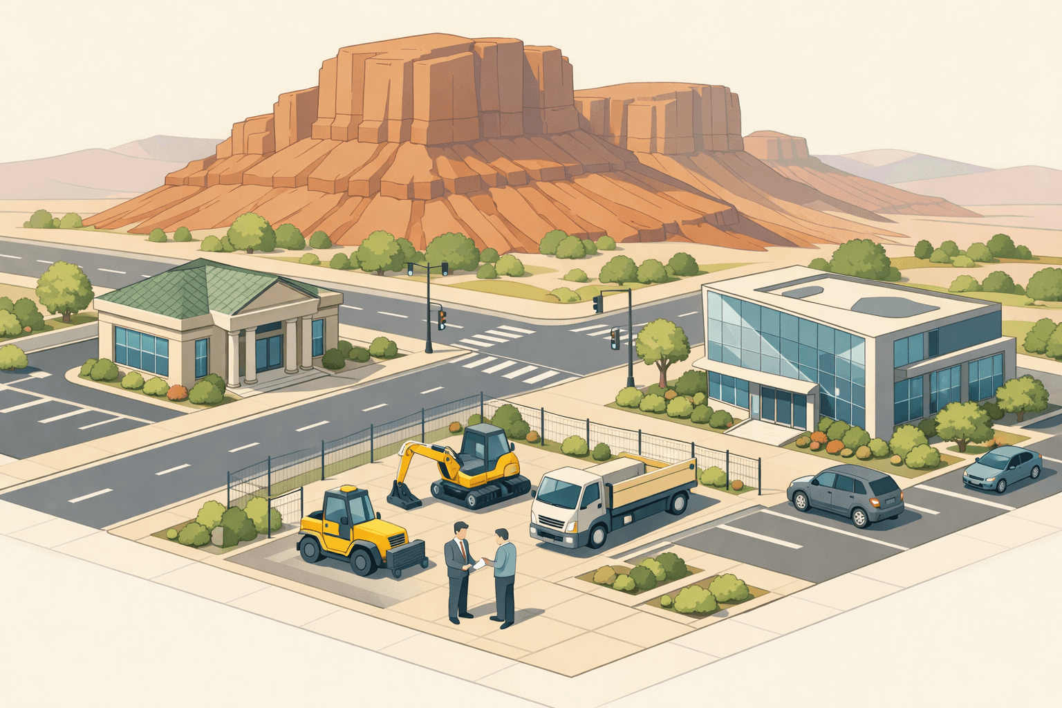 Isometric scene of a Utah commercial street with a bank, equipment dealership, and small business owners near construction machinery against a mesa backdrop.
