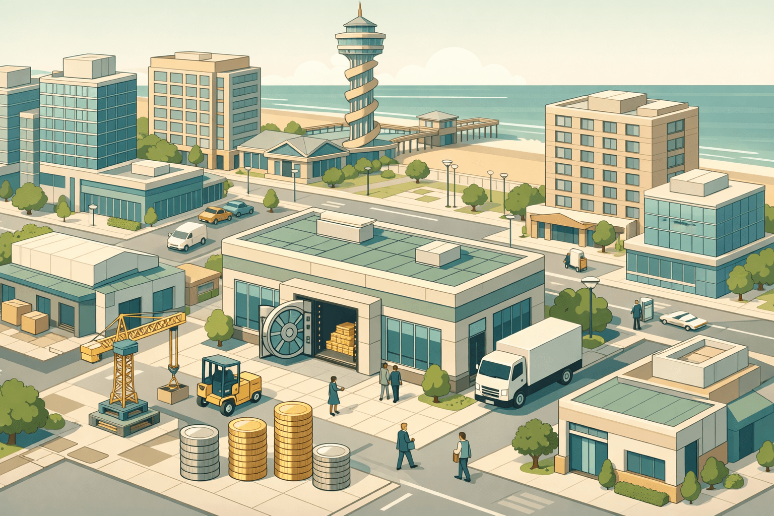Isometric Virginia Beach business district with a bank building, warehouse, forklift, delivery truck, and small figures representing equipment financing activity.