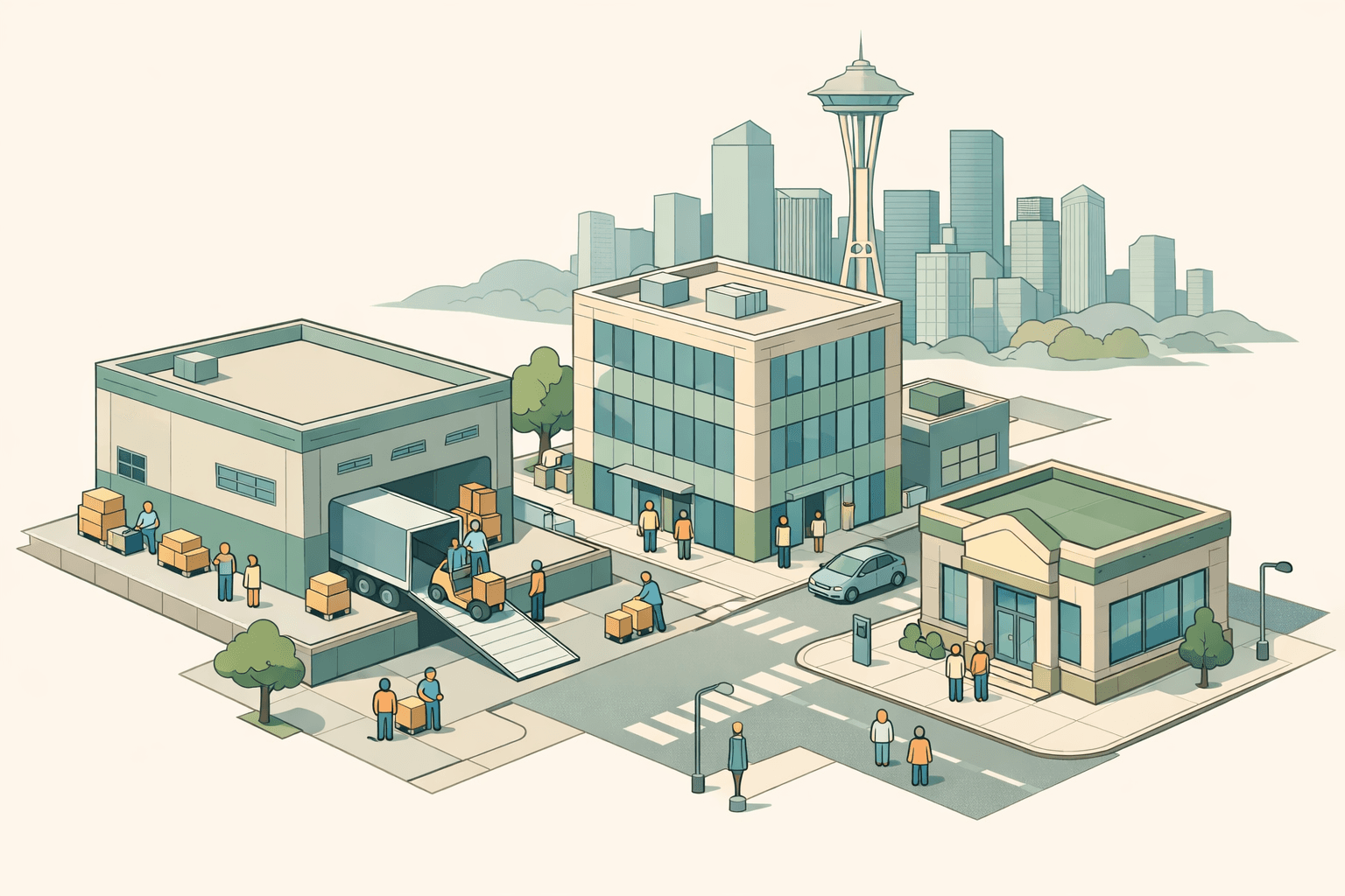 Isometric view of a Washington business district with a warehouse, commercial buildings, and workers receiving equipment near a city skyline.