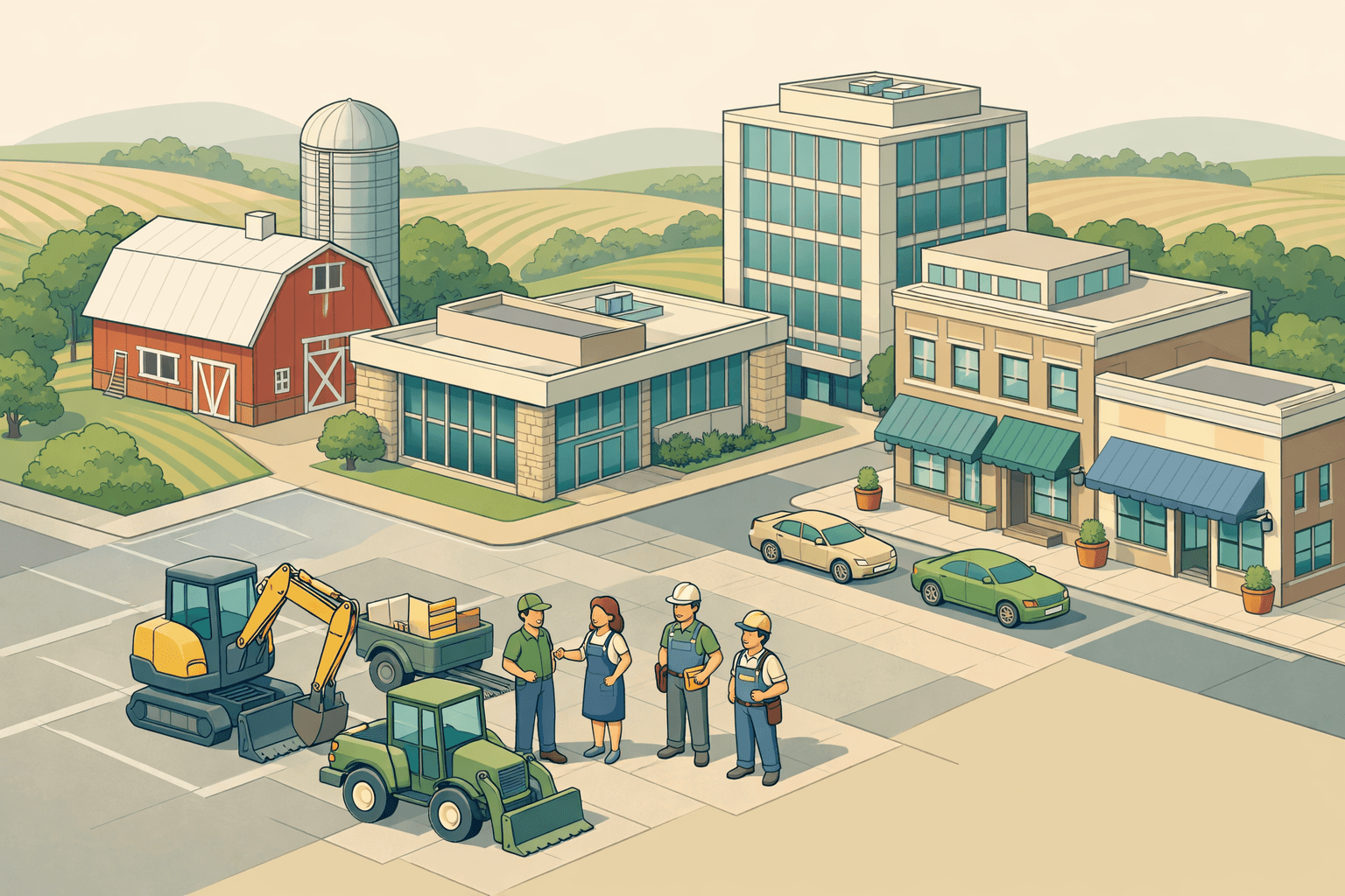 Isometric Wisconsin scene with a bank building, commercial equipment, a barn, and small business owners on a main street.