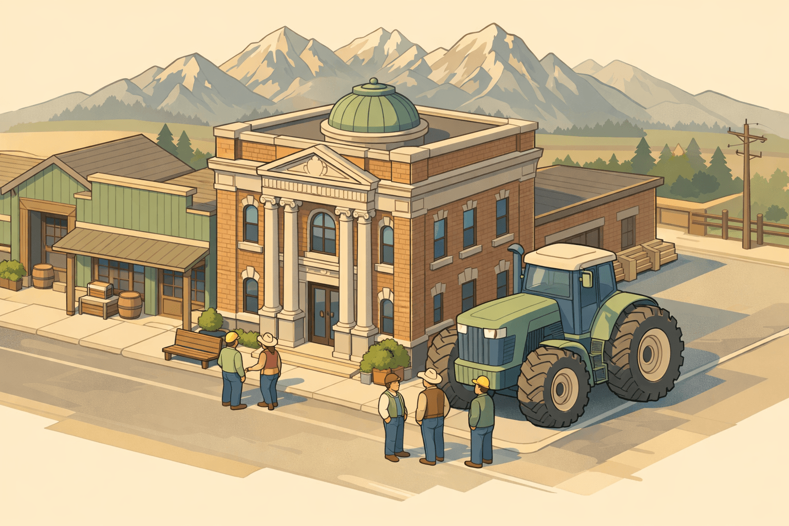 Isometric Wyoming small town scene with a bank building, ranch supply store, farm equipment, mountains in the background, and small business owners nearby.