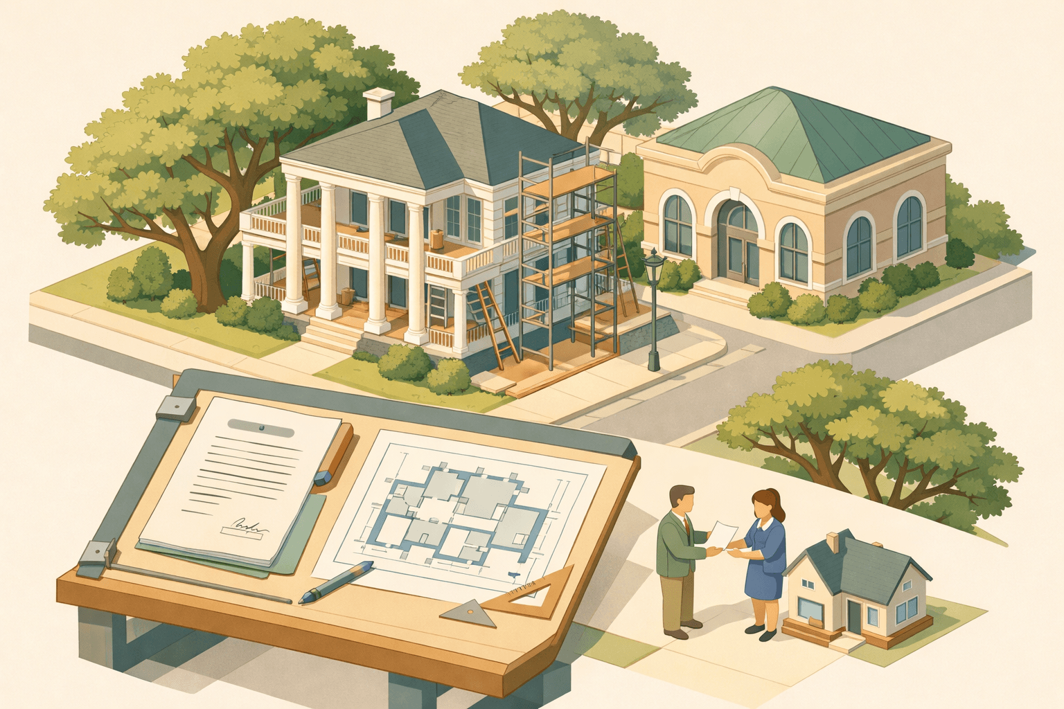 Isometric illustration of a Southern-style Alabama home being renovated with a nearby bank building and tiny figures reviewing mortgage documents on a drafting table.