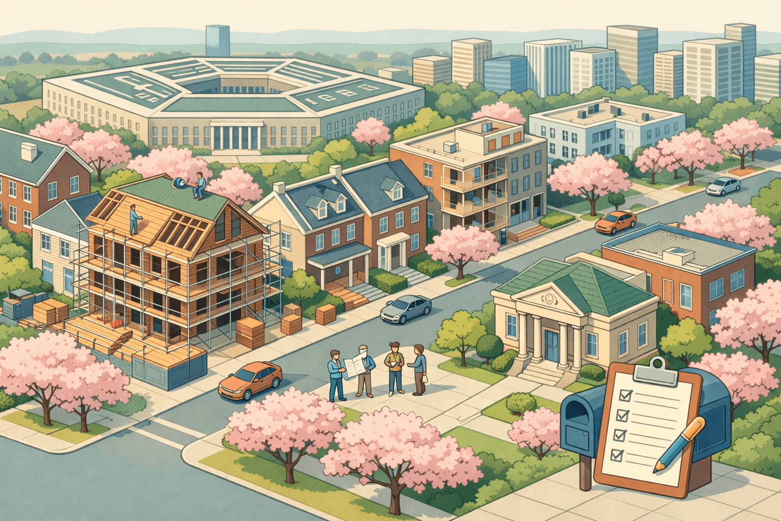 Isometric view of an Arlington neighborhood with brick homes under renovation, a small bank building, construction scaffolding, and tiny figures reviewing blueprints outside.