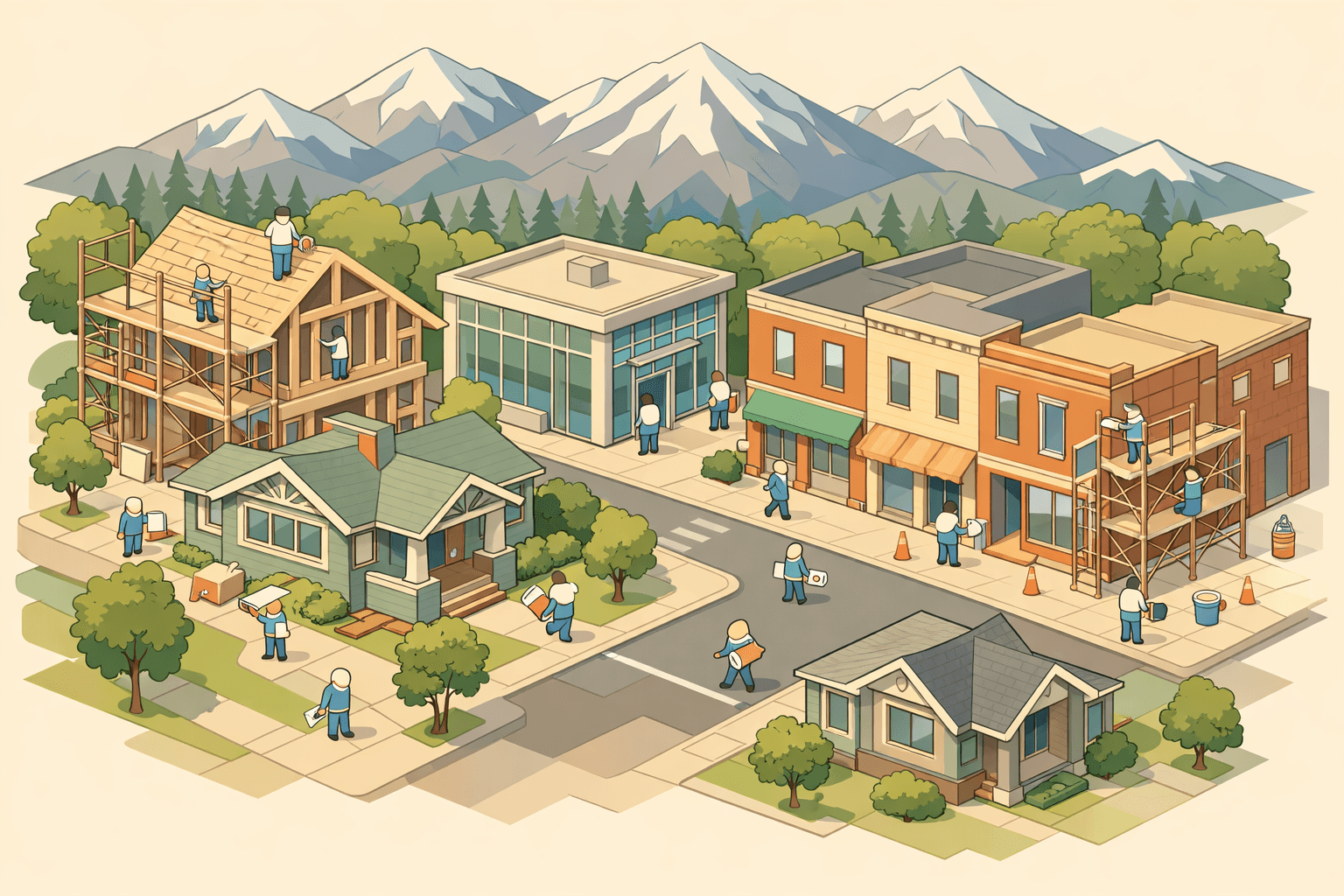 Isometric Colorado mountain town street with homes under renovation, scaffolding, a mortgage office building, and tiny figures carrying blueprints near rocky mountain peaks.