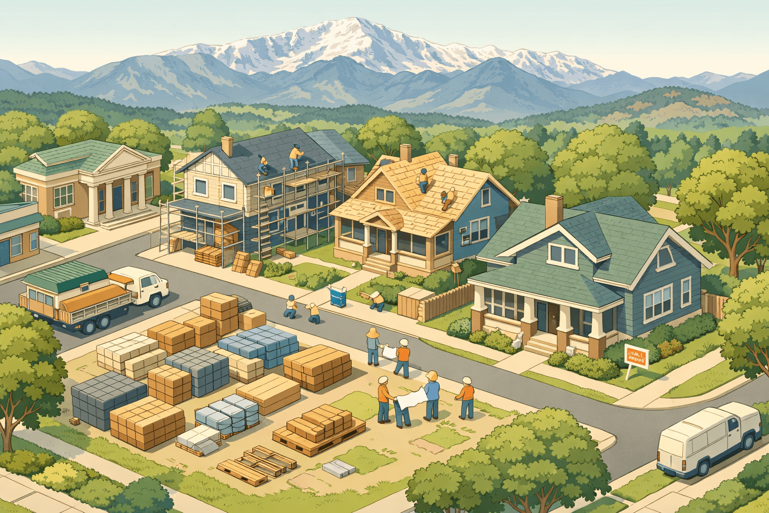 Isometric view of a Colorado Springs neighborhood with homes under renovation, a local bank, a mortgage office, and Pikes Peak in the background.