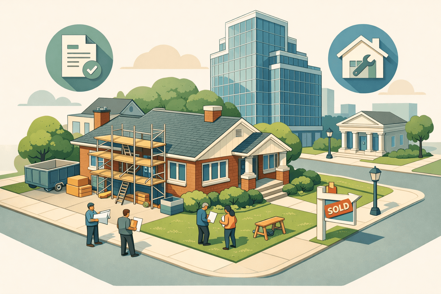 Isometric scene of a Columbus neighborhood with a brick home under renovation, a small bank building, and tiny figures with blueprints nearby.