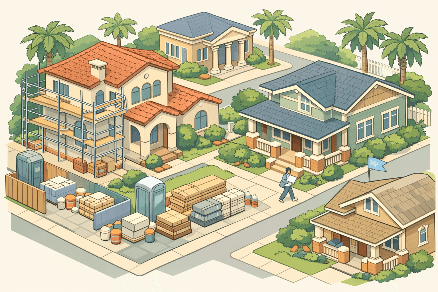 Isometric Florida neighborhood showing homes in renovation with scaffolding, a small mortgage office, palm trees, and a tiny figure holding blueprints.