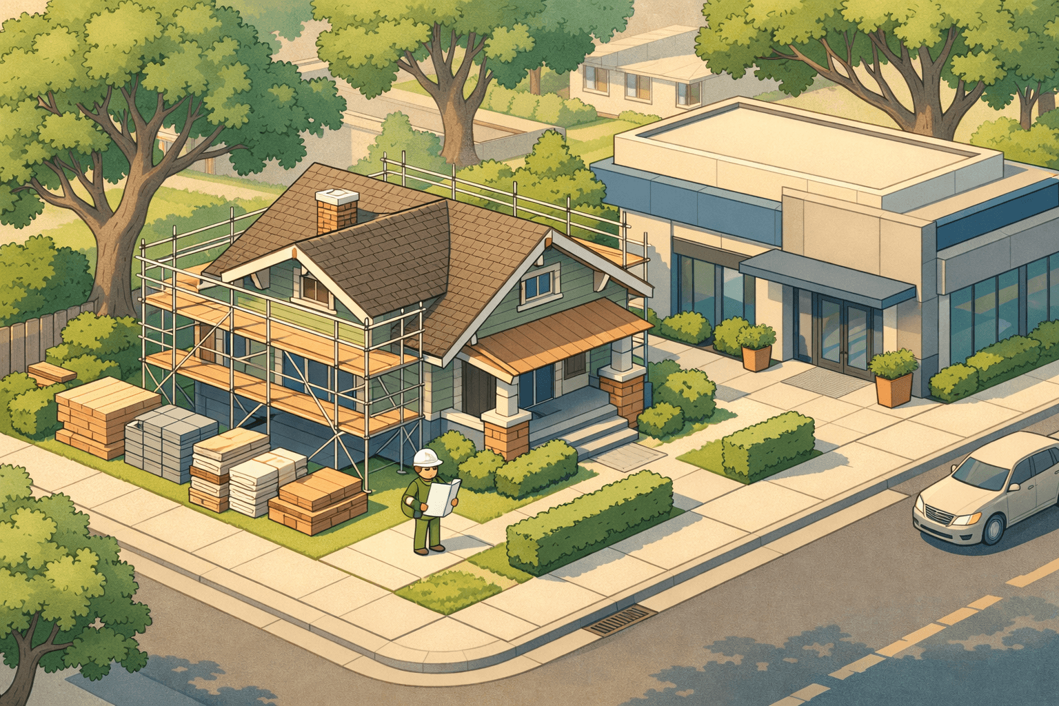 Isometric scene of a Fresno neighborhood with a craftsman home under renovation next to a mortgage lending office building and a small figure holding blueprints.