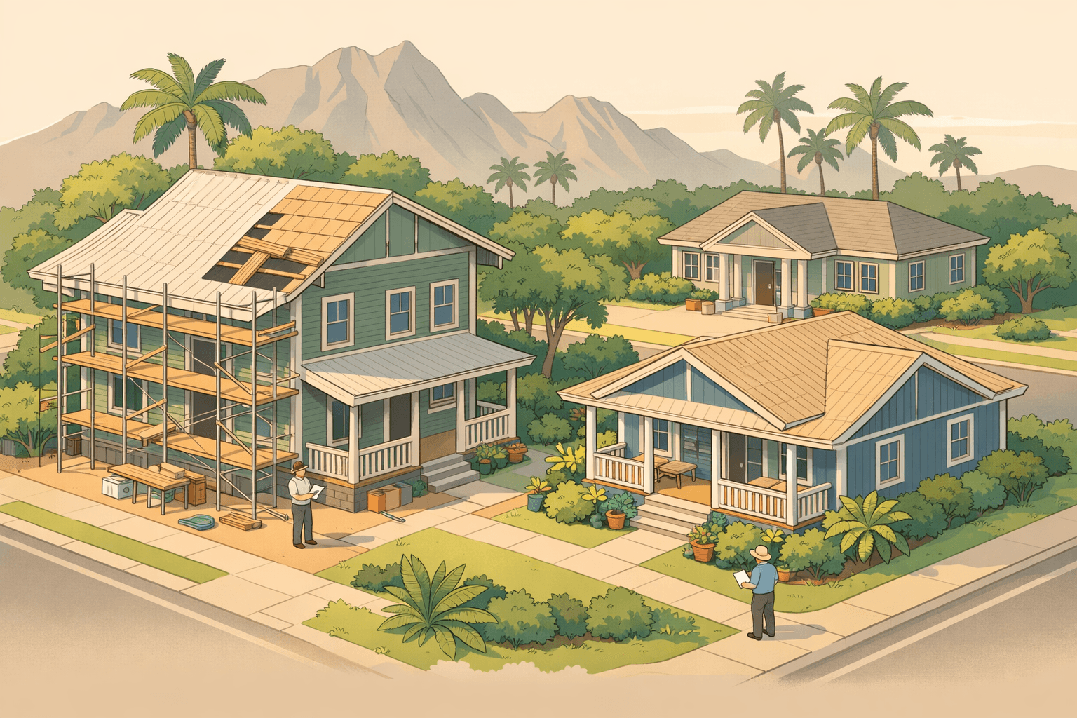 Isometric scene of a Hawaiian neighborhood with a home under renovation, a completed tropical bungalow, a small bank building, and palm trees in the background.