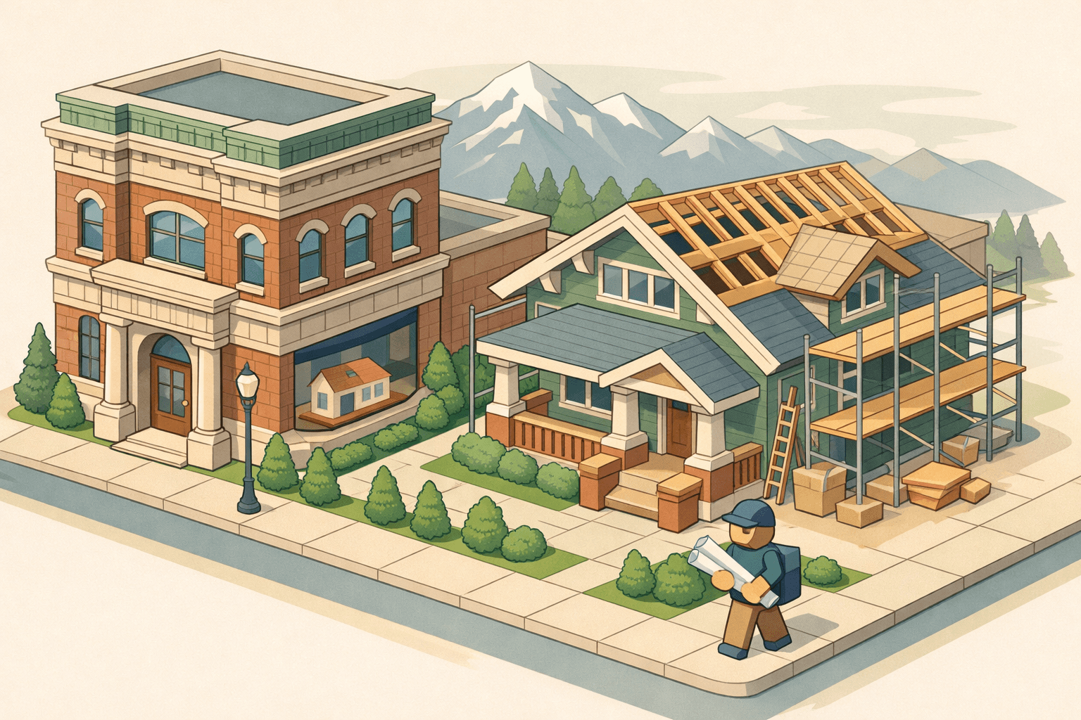 Isometric illustration of an Idaho street with a brick bank and a craftsman house under renovation, set against a stylized mountain backdrop.