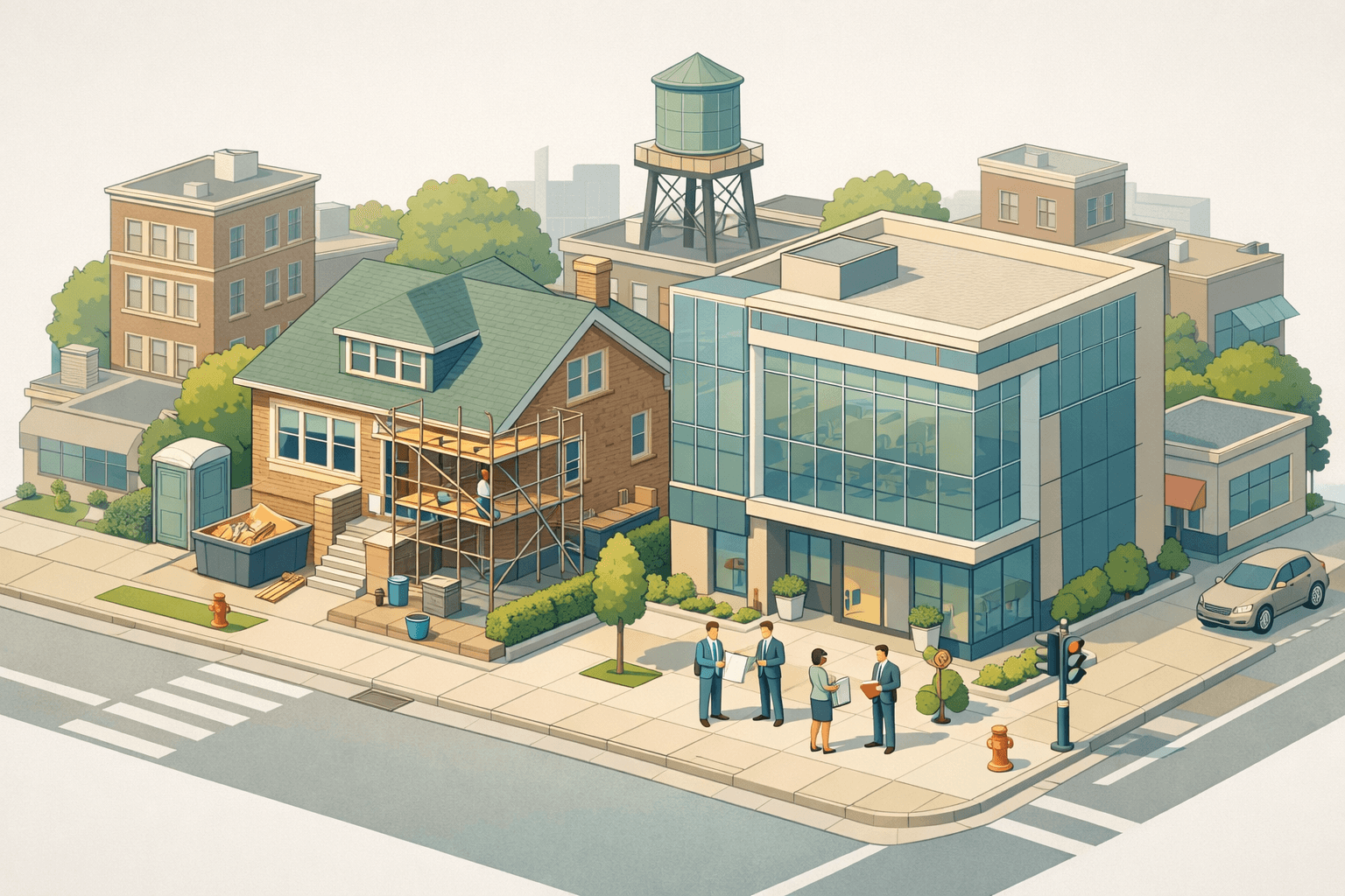 Isometric illustration of a Chicago brick bungalow under renovation next to a mortgage office building with small figures and a water tower nearby.