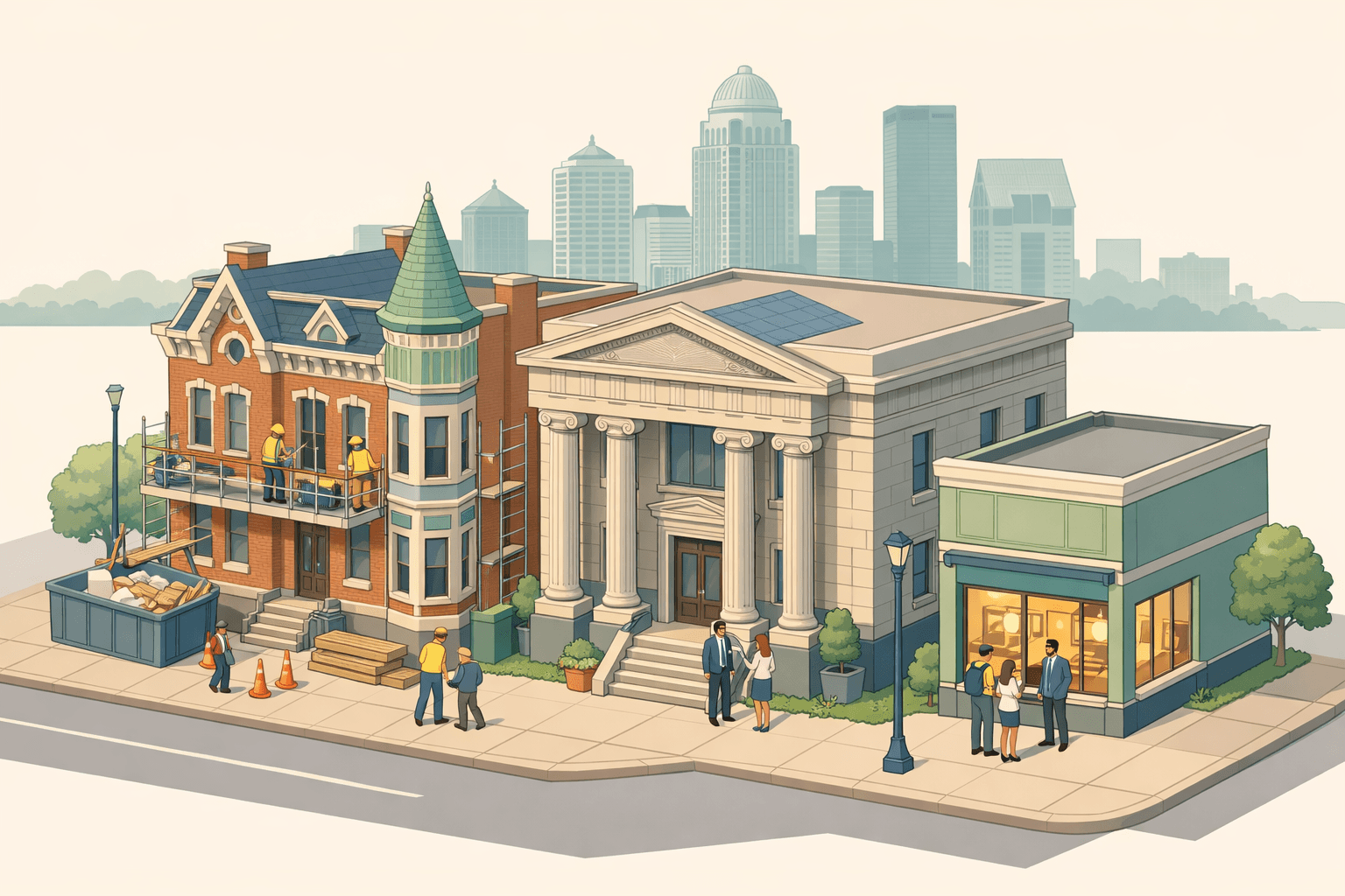 Isometric scene of a Louisville brick rowhouse being renovated next to a regional bank building with tiny figures representing homebuyers and lenders.