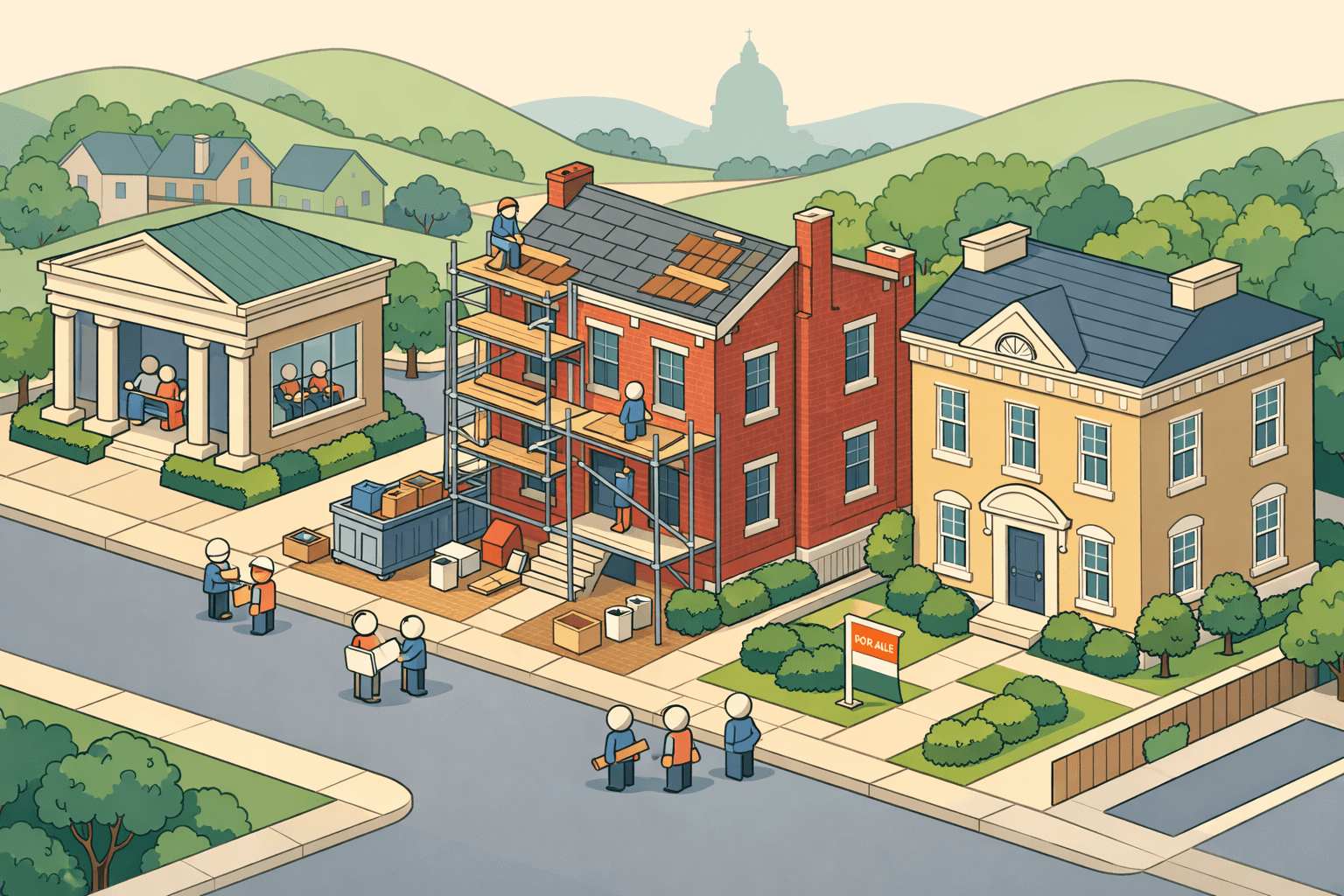 Isometric illustration of a Maryland neighborhood with brick rowhouses under renovation, a mortgage office, and small figures reviewing blueprints.