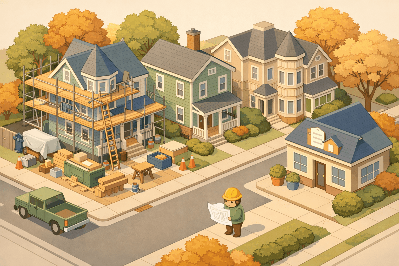 An isometric street scene of New England colonial and Victorian homes, one under renovation with scaffolding, beside a small mortgage office building.
