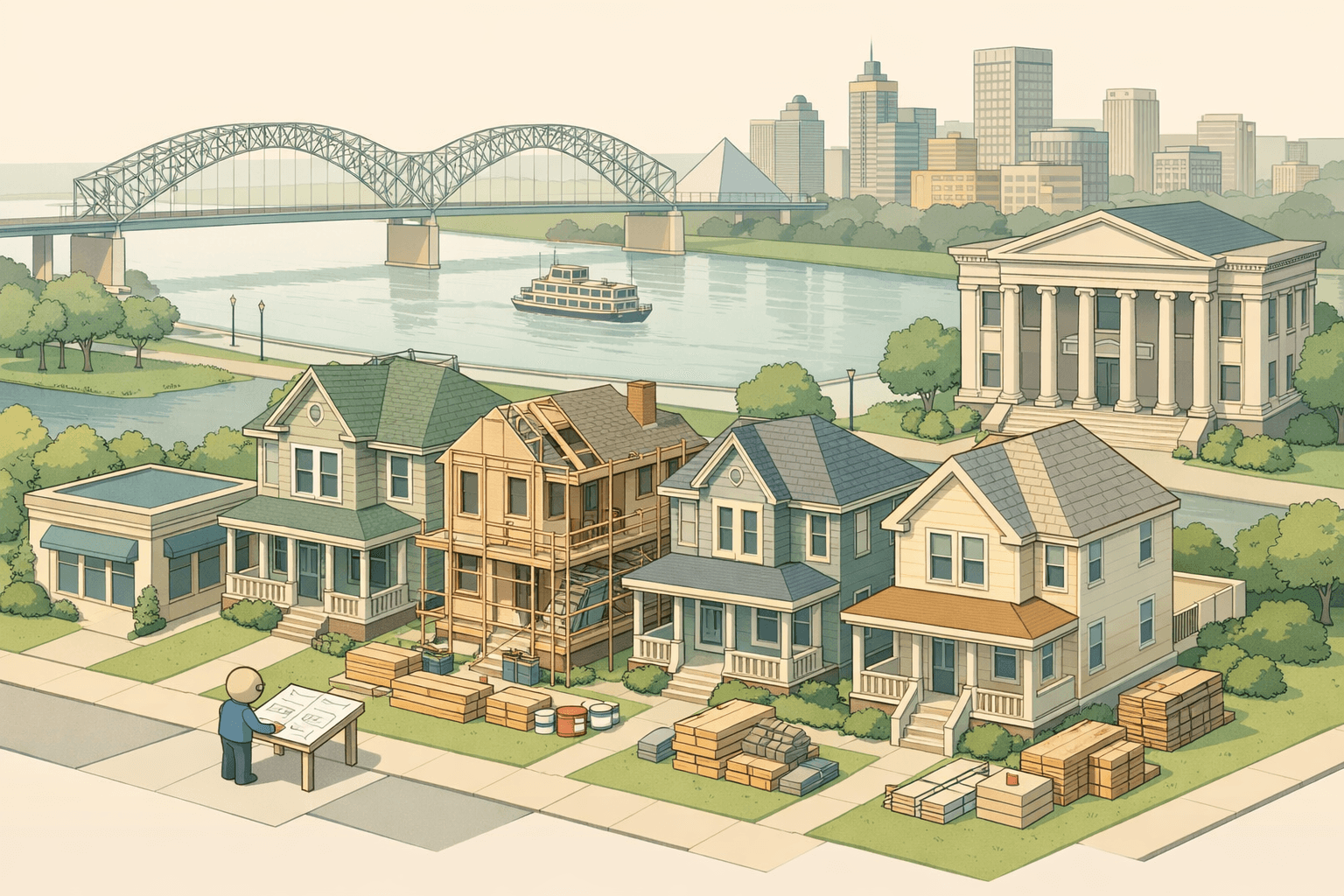 Isometric Memphis cityscape with the Hernando de Soto Bridge, renovating homes, a mortgage office, and a small figure reviewing blueprints outdoors.