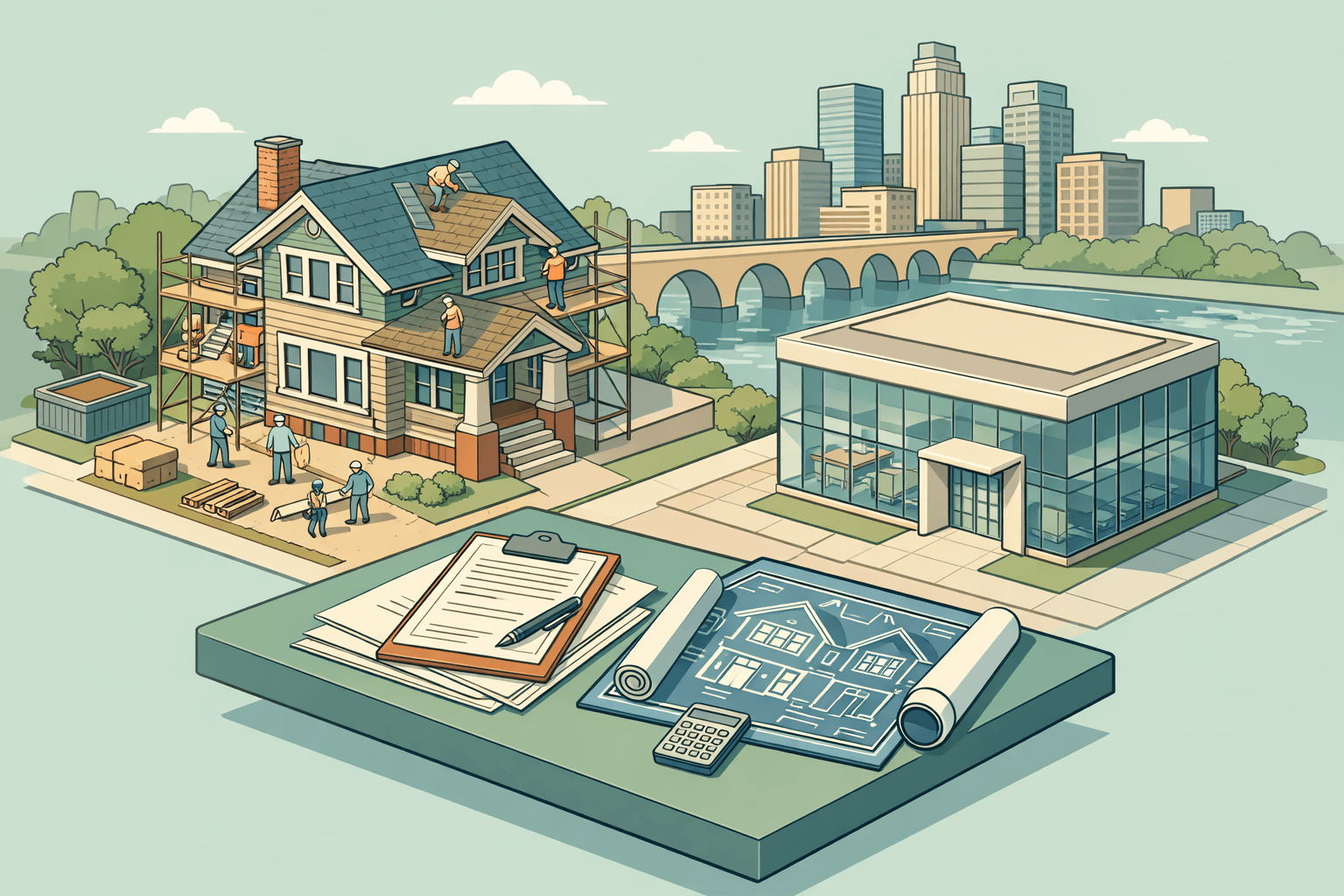 Isometric Minneapolis neighborhood scene showing a craftsman home under renovation next to a bank building with the Stone Arch Bridge in the background.