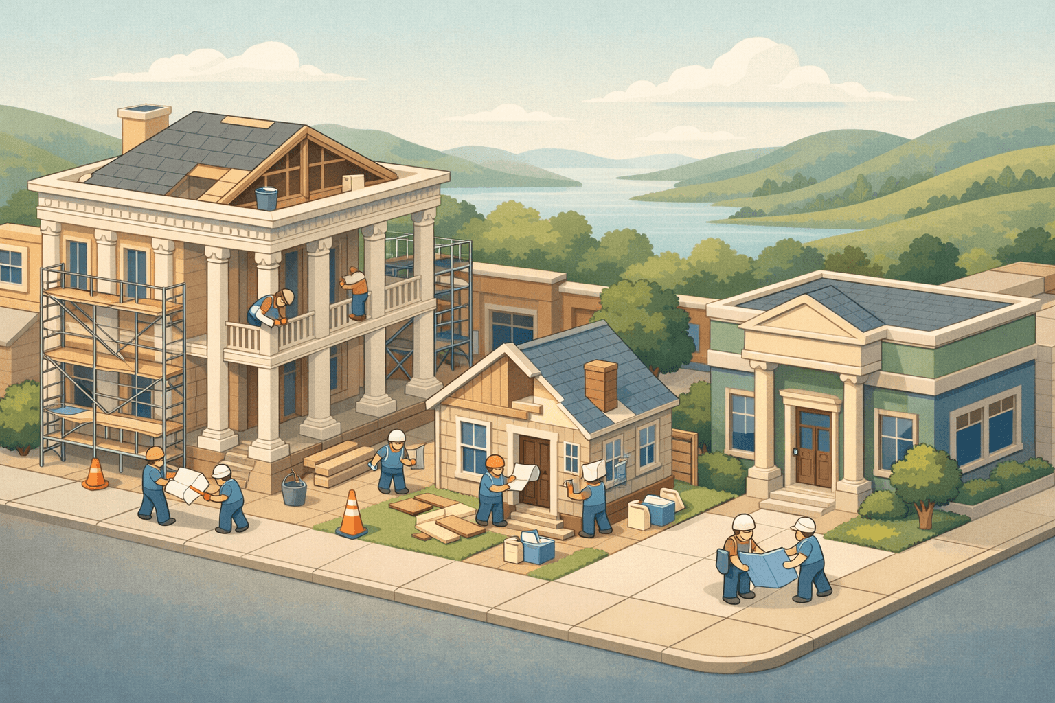 Isometric scene of a Mississippi street with a historic columned building under renovation next to a mortgage office, tiny workers with blueprints, and a house being improved.