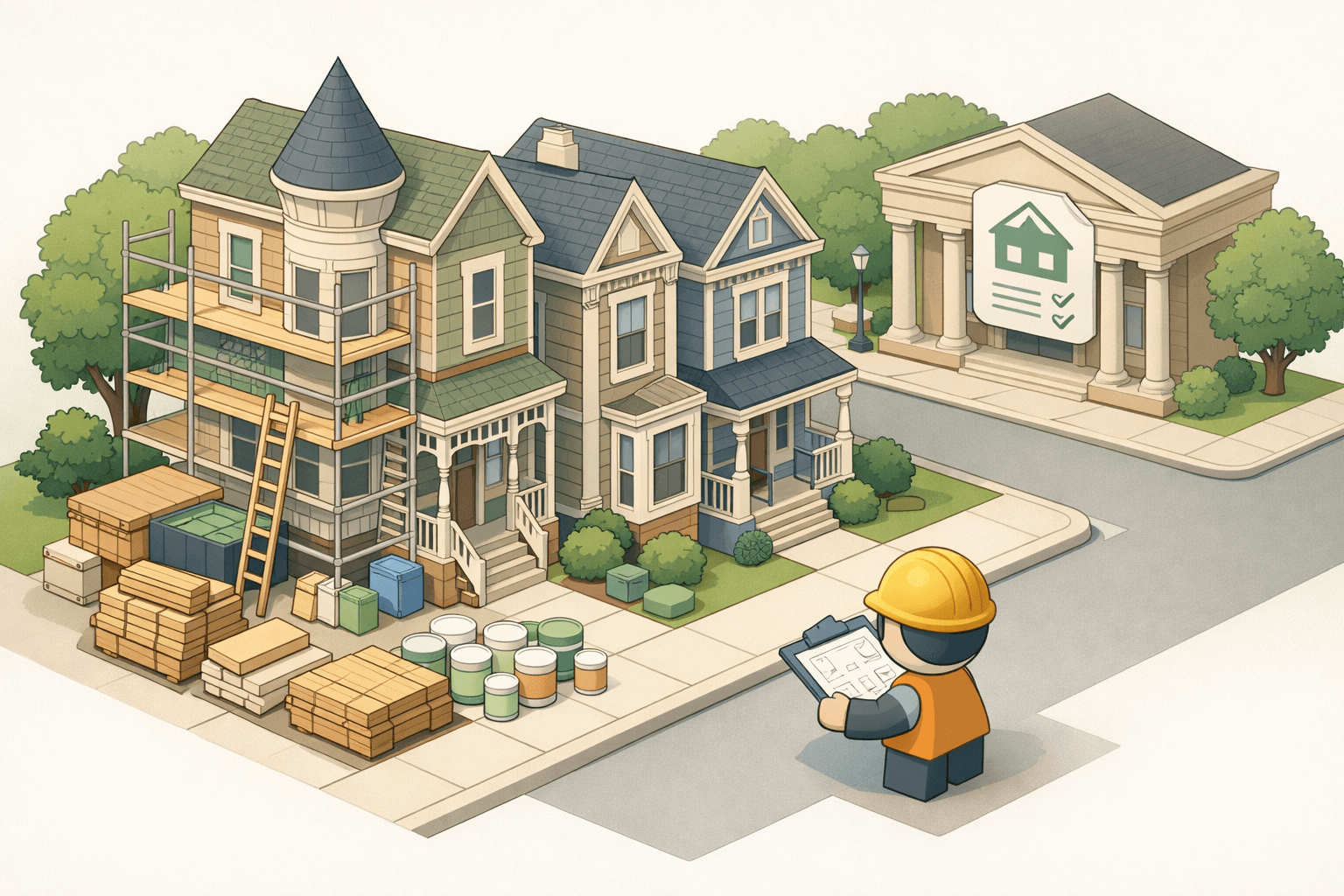 Isometric illustration of a New Jersey neighborhood with a house under renovation, a community bank, and a tiny figure reviewing construction plans.