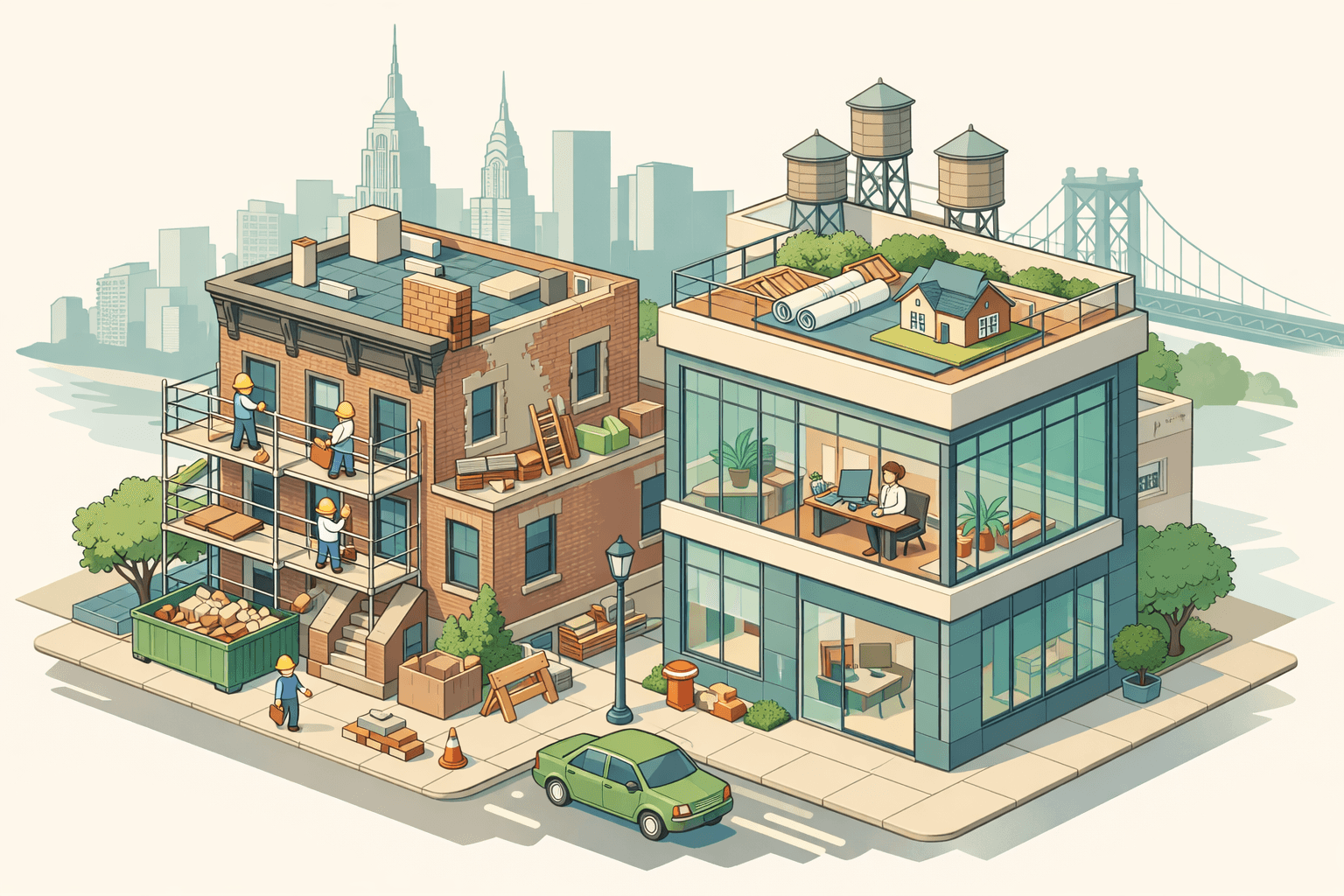 Isometric scene of a New York brownstone under renovation next to a mortgage office building with workers and a city skyline in the background.