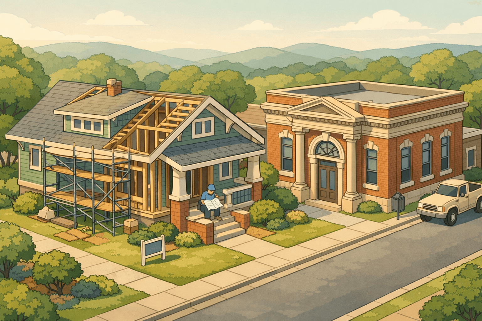 Isometric illustration of a North Carolina neighborhood with a craftsman home under renovation beside a brick bank building and rolling hills in the background.
