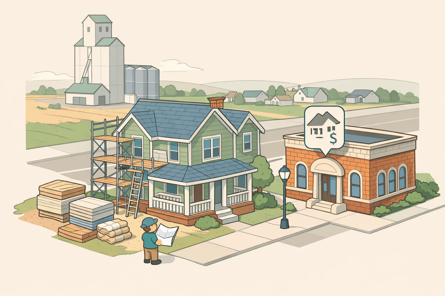 Isometric illustration of a North Dakota town with a home under renovation, a community bank, and a tiny figure reviewing building plans outside.