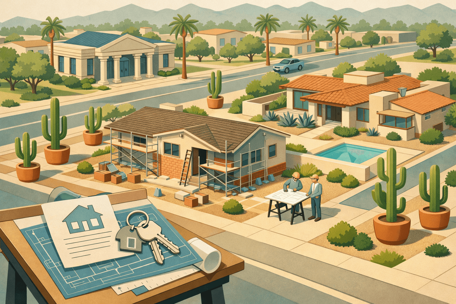 Isometric illustration of a Phoenix neighborhood with a home under renovation, desert architecture, a small bank building, and figures reviewing building plans.