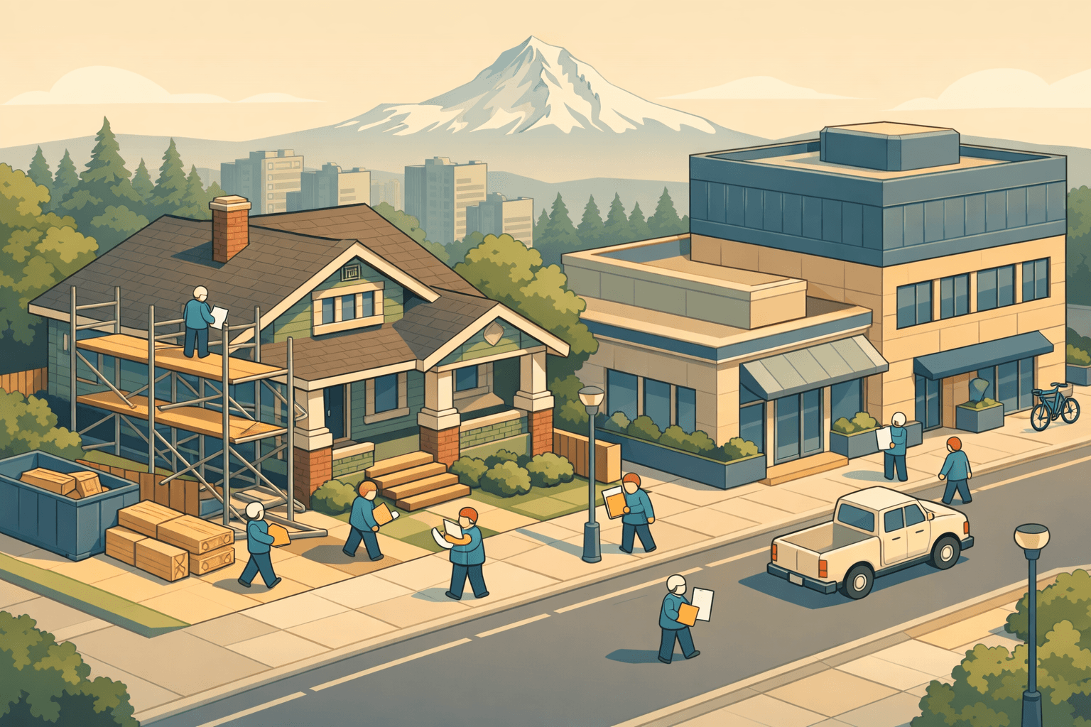 A Portland craftsman home undergoing renovation next to a bank building, with small figures carrying blueprints and Mount Hood visible in the background.