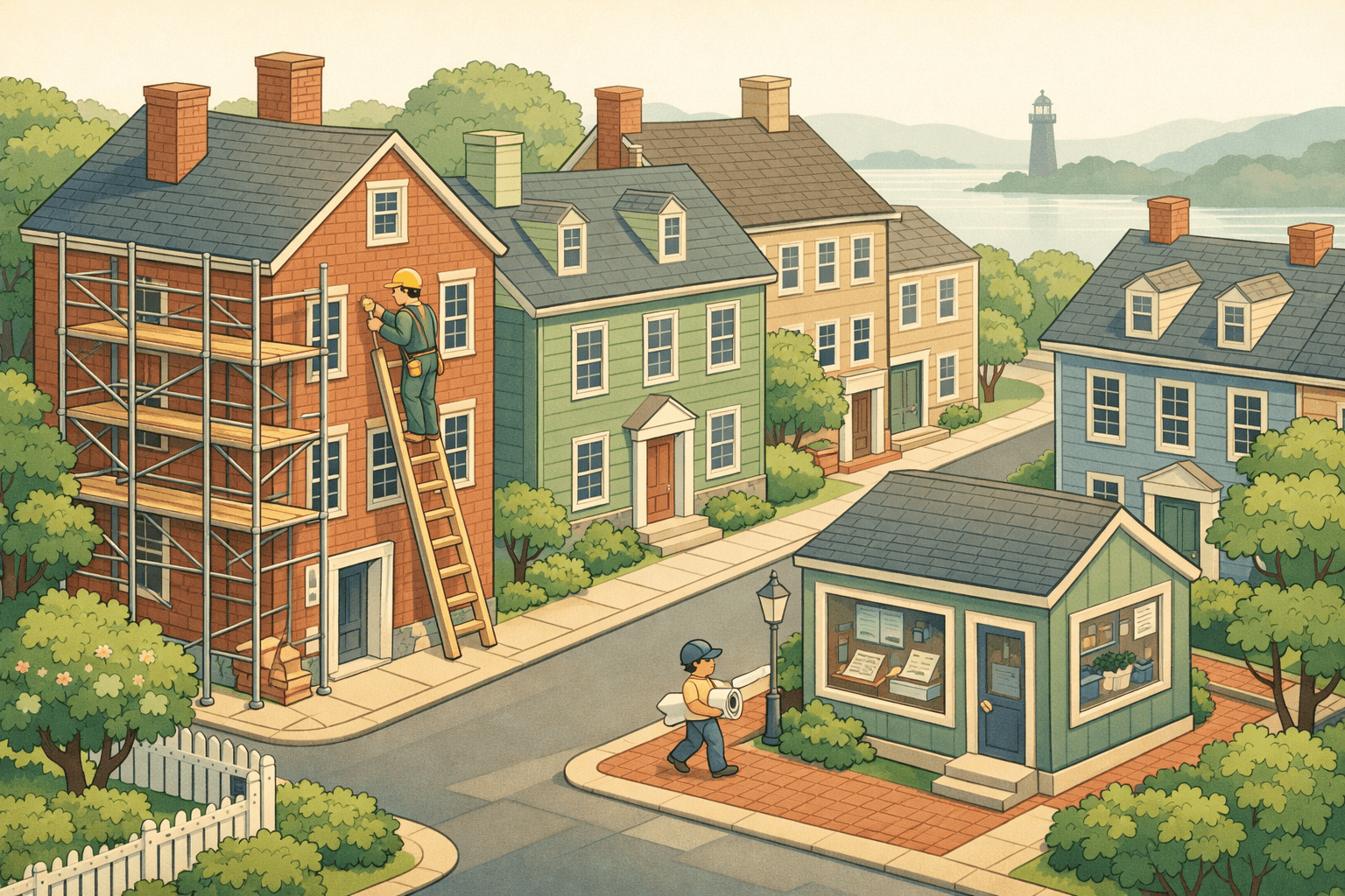 Isometric scene of a Rhode Island colonial neighborhood with a home under renovation, scaffolding, a nearby mortgage office, and a tiny figure carrying blueprints.
