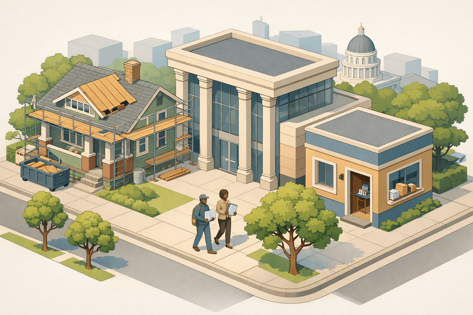 Isometric Sacramento neighborhood with a Craftsman home under renovation, a bank building, a mortgage office, and tiny figures representing a homebuyer and lender.