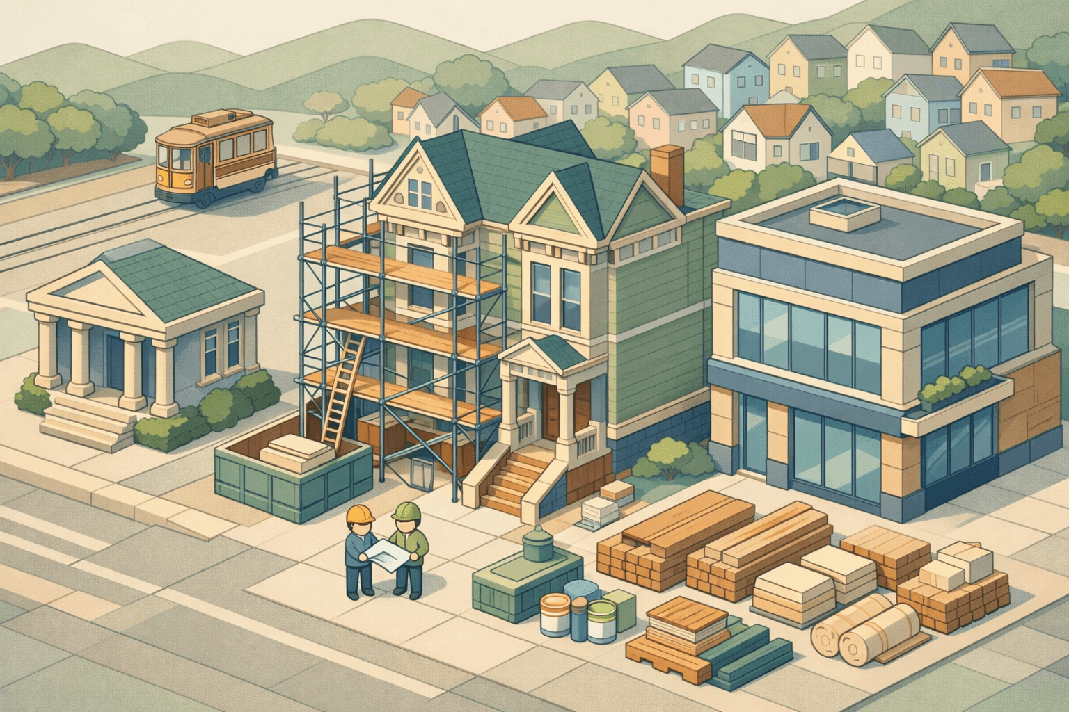 Isometric San Francisco street scene with a Victorian home under renovation next to a mortgage office building and cable car in the background.
