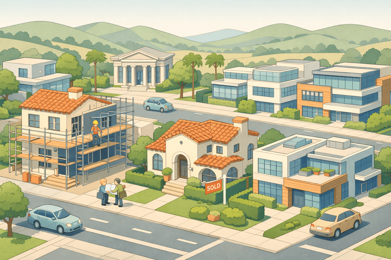 Isometric scene of a San Jose neighborhood with homes in renovation, a small bank building, and tiny figures reviewing blueprints near a fixer-upper property.
